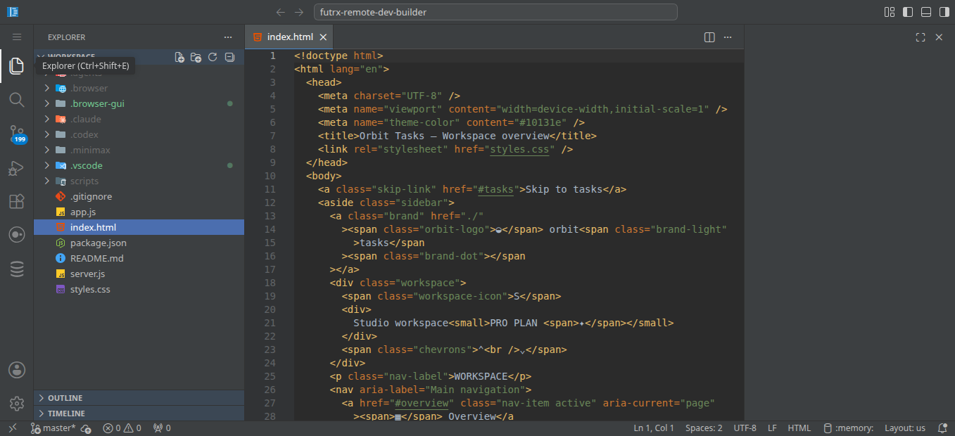 The browser-based IDE running inside a Remote project