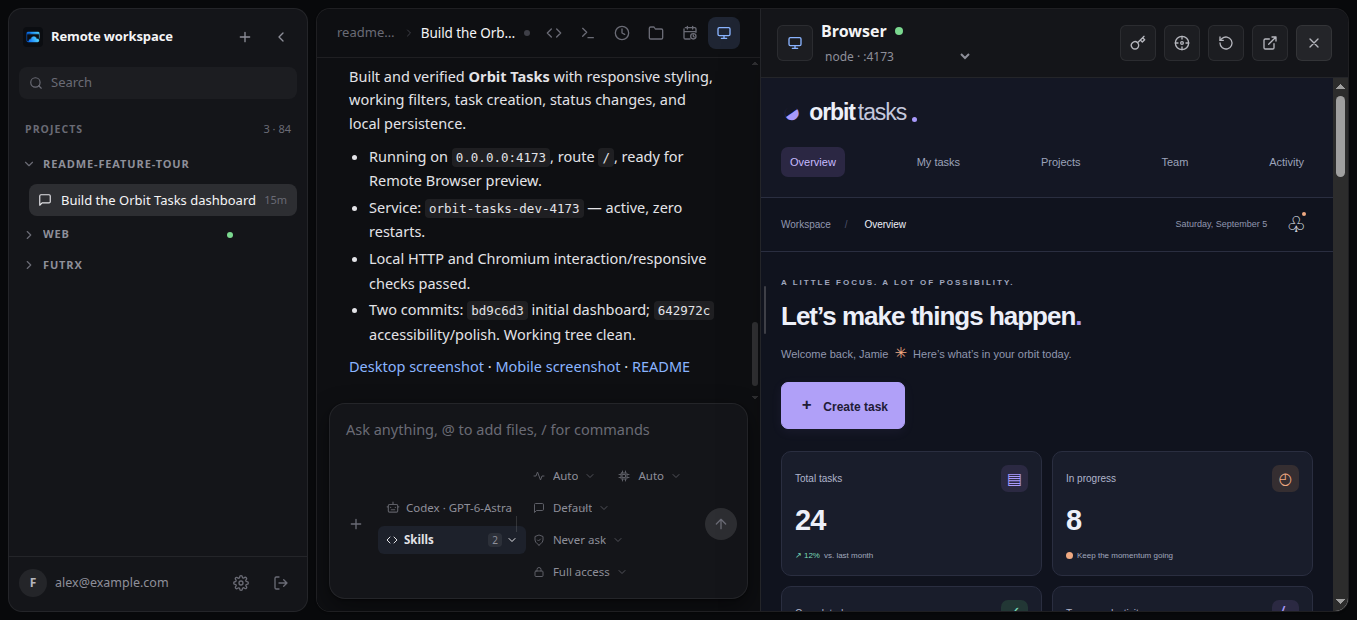 Remote chat and a running application shown side by side